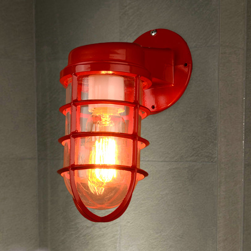 1 Bulb Metal Caged Wall Mounted Light Fixture Coastal Red/Blue Clear Glass Lighting for Outdoor Clearhalo 'Art deco wall lights' 'Cast Iron' 'Glass' 'Industrial wall lights' 'Industrial' 'Middle century wall lights' 'Modern' 'Rustic wall lights' 'Tiffany' 'Traditional wall lights' 'Wall Lamps & Sconces' 'Wall Lights' Lighting' 768526