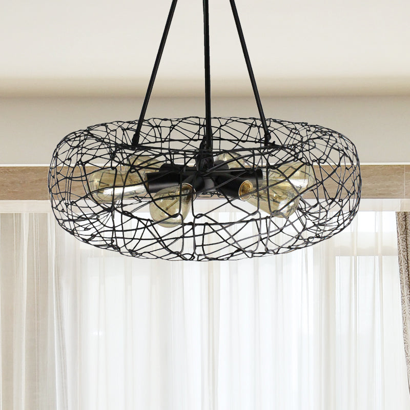 6 Lights Drum Ceiling Light Fixture with Mesh Screen Industrial Black Metal Ceiling Chandelier Lamp Clearhalo 'Cast Iron' 'Ceiling Lights' 'Chandeliers' 'Industrial Chandeliers' 'Industrial' 'Metal' 'Middle Century Chandeliers' 'Rustic Chandeliers' 'Tiffany' Lighting' 768584