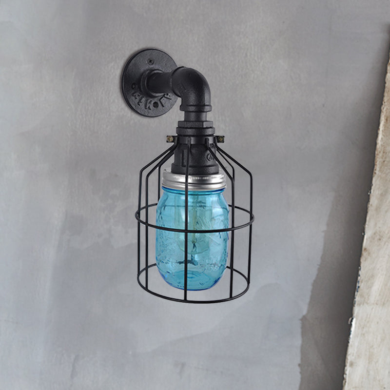 Blue/Clear Jar Shade Wall Lamp with Wire Cage Industrial Style Glass 1 Bulb Restaurant Sconce Light Clearhalo 'Art deco wall lights' 'Cast Iron' 'Glass' 'Industrial wall lights' 'Industrial' 'Middle century wall lights' 'Modern' 'Rustic wall lights' 'Tiffany' 'Traditional wall lights' 'Wall Lamps & Sconces' 'Wall Lights' Lighting' 768627