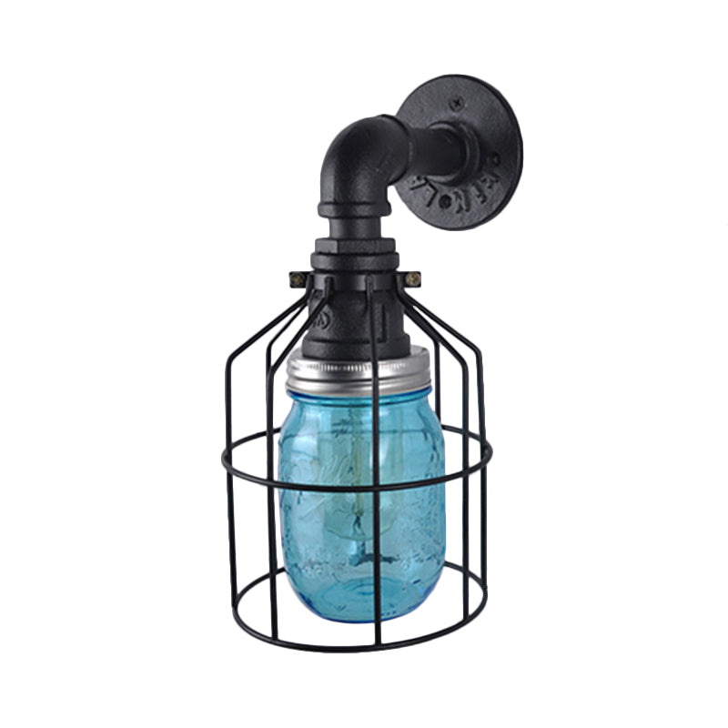 Blue/Clear Jar Shade Wall Lamp with Wire Cage Industrial Style Glass 1 Bulb Restaurant Sconce Light Clearhalo 'Art deco wall lights' 'Cast Iron' 'Glass' 'Industrial wall lights' 'Industrial' 'Middle century wall lights' 'Modern' 'Rustic wall lights' 'Tiffany' 'Traditional wall lights' 'Wall Lamps & Sconces' 'Wall Lights' Lighting' 768629