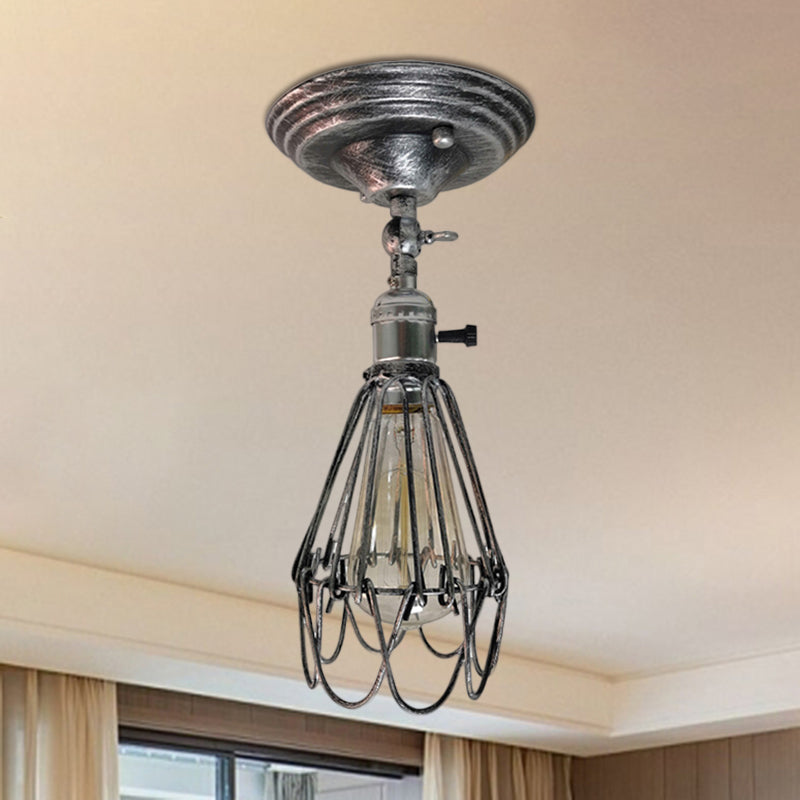 Wrought Iron Caged Semi Flush Light Farmhouse Stylish 1 Light Bedroom Ceiling Light Fixture in Rust/Aged Silver Aged Silver Clearhalo 'Ceiling Lights' 'Close To Ceiling Lights' 'Close to ceiling' 'Semi-flushmount' Lighting' 768733