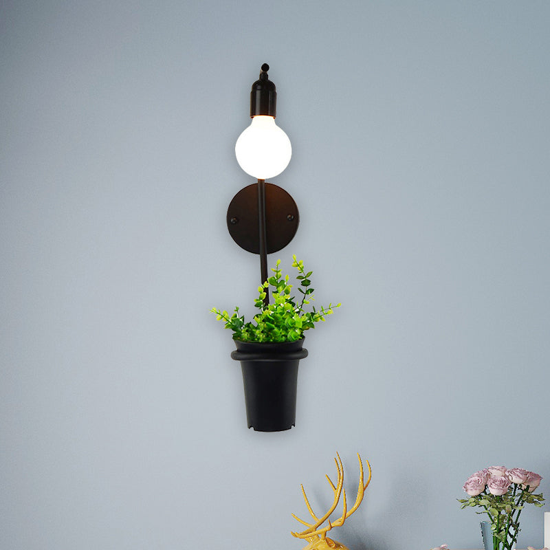 Exposed Bulb Metal Wall Sconce with Pot Decoration Lodge Style 1 Light Restaurant Wall Lighting in Black, 3