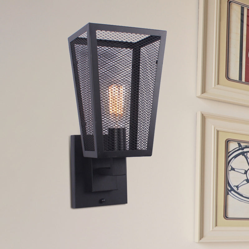 1 Bulb Wire Mesh Wall Light Sconce Industrial Style Black Finish Metal Wall Lamp for Stairway Clearhalo 'Art deco wall lights' 'Cast Iron' 'Glass' 'Industrial wall lights' 'Industrial' 'Middle century wall lights' 'Modern' 'Rustic wall lights' 'Tiffany' 'Traditional wall lights' 'Wall Lamps & Sconces' 'Wall Lights' Lighting' 768831