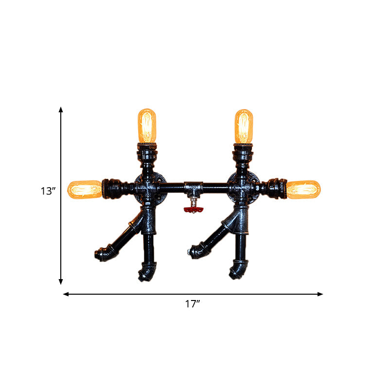 4 Bulbs Wall Sconce Lamp Industrial Style Water Pipe Wrought Iron Wall Lighting with Open Bulb in Black Clearhalo 'Art deco wall lights' 'Cast Iron' 'Glass' 'Industrial wall lights' 'Industrial' 'Middle century wall lights' 'Modern' 'Rustic wall lights' 'Tiffany' 'Traditional wall lights' 'Wall Lamps & Sconces' 'Wall Lights' Lighting' 768870