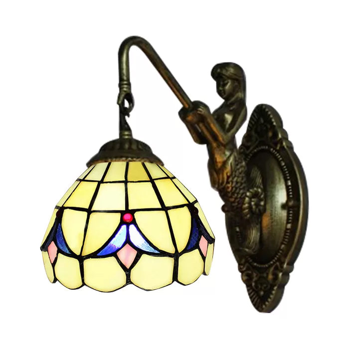 1 Head Dome Sconce Light Baroque White/Beige Glass Wall Mount Lighting with Mermaid Backplate, 6