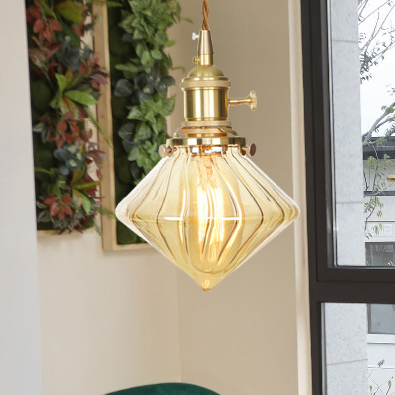 Vintage Gem Hanging Light Amber Ribbed Glass Adjustable Single Light Ceiling Hanging Light Amber 1 Clearhalo 'Ceiling Lights' 'Glass shade' 'Glass' 'Industrial Pendants' 'Industrial' 'Middle Century Pendants' 'Pendant Lights' 'Pendants' 'Tiffany' Lighting' 769649