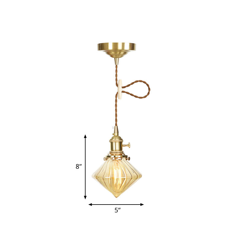 Vintage Gem Hanging Light Amber Ribbed Glass Adjustable Single Light Ceiling Hanging Light Clearhalo 'Ceiling Lights' 'Glass shade' 'Glass' 'Industrial Pendants' 'Industrial' 'Middle Century Pendants' 'Pendant Lights' 'Pendants' 'Tiffany' Lighting' 769653