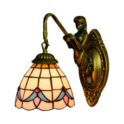 1 Head Dome Sconce Light Baroque White/Beige Glass Wall Mount Lighting with Mermaid Backplate, 6