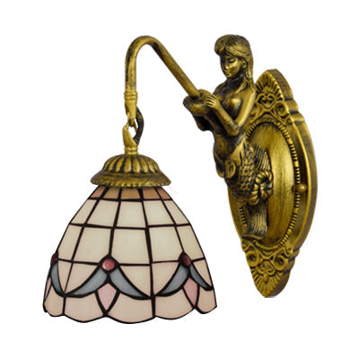 1 Head Dome Sconce Light Baroque White/Beige Glass Wall Mount Lighting with Mermaid Backplate, 6