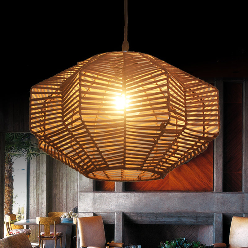 Asian Style Rattan Pendant Lamp with Geometric Shade 1 Head Restaurant Ceiling Pendant Light Brown Clearhalo 'Ceiling Lights' 'Pendant Lights' 'Pendants' Lighting' 770565_647eb9c3-616a-486a-ab42-36067be0687a