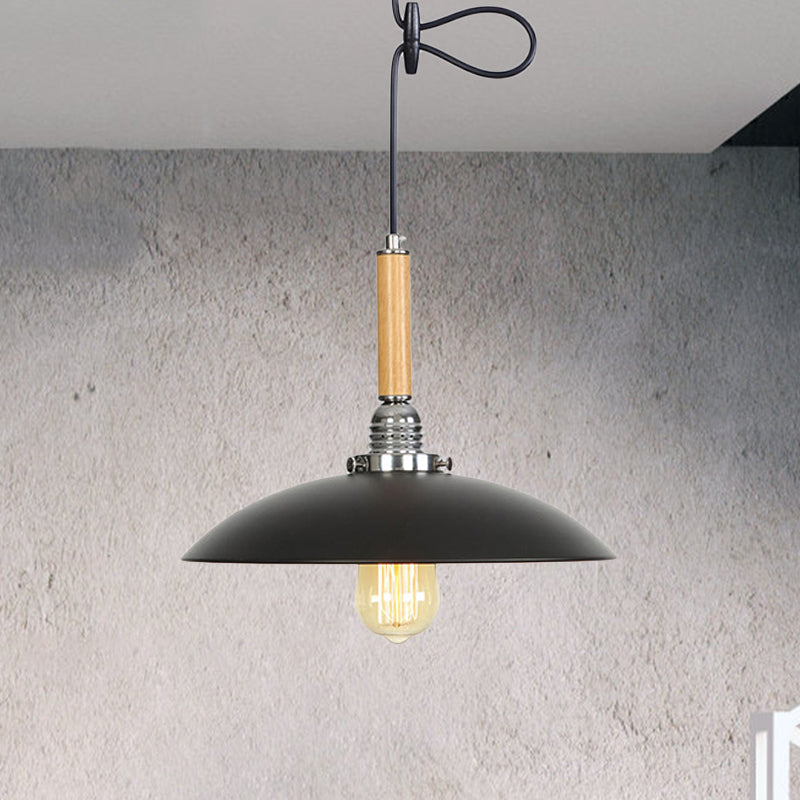 Metal Shallow Round Pendant Light with Hanging Cord Industrial Black Ceiling Light in Wood Black 1 Clearhalo 'Art Deco Pendants' 'Black' 'Cast Iron' 'Ceiling Lights' 'Ceramic' 'Crystal' 'Industrial Pendants' 'Industrial' 'Metal' 'Middle Century Pendants' 'Pendant Lights' 'Pendants' 'Rustic Pendants' 'Tiffany' Lighting' 770732