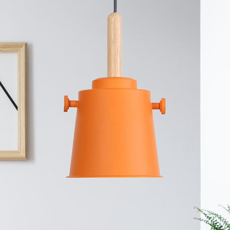 Modern Bucket Hanging Lamp with Adjustable Cord Single Light Metal Pendant Light in Wood Orange Clearhalo 'Art Deco Pendants' 'Cast Iron' 'Ceiling Lights' 'Ceramic' 'Crystal' 'Industrial Pendants' 'Industrial' 'Metal' 'Middle Century Pendants' 'Pendant Lights' 'Pendants' 'Tiffany' Lighting' 770755