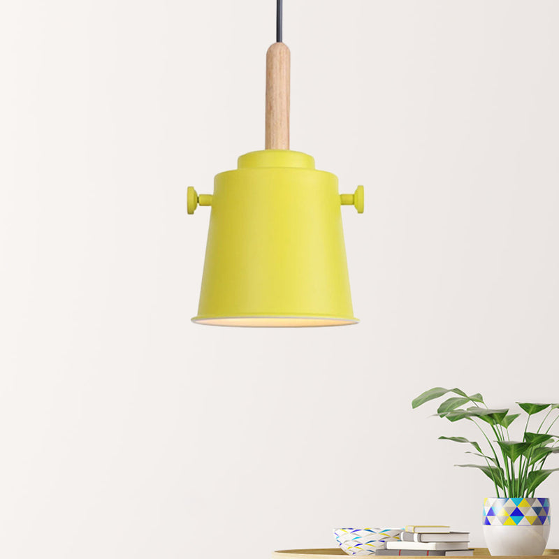 Modern Bucket Hanging Lamp with Adjustable Cord Single Light Metal Pendant Light in Wood Yellow Clearhalo 'Art Deco Pendants' 'Cast Iron' 'Ceiling Lights' 'Ceramic' 'Crystal' 'Industrial Pendants' 'Industrial' 'Metal' 'Middle Century Pendants' 'Pendant Lights' 'Pendants' 'Tiffany' Lighting' 770776