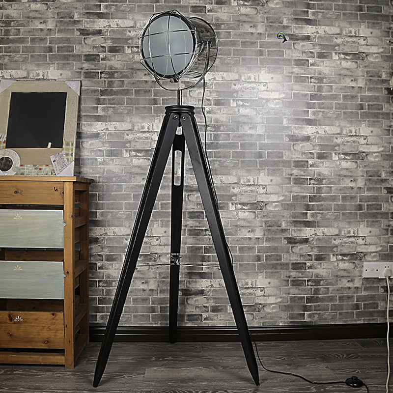 Industrial Loft Tripod Flood Spotlight 1 Light Metal and Wood Standing Floor Lamp in Black/White for Studio Clearhalo 'Floor Lamps' 'Lamps' Lighting' 770871