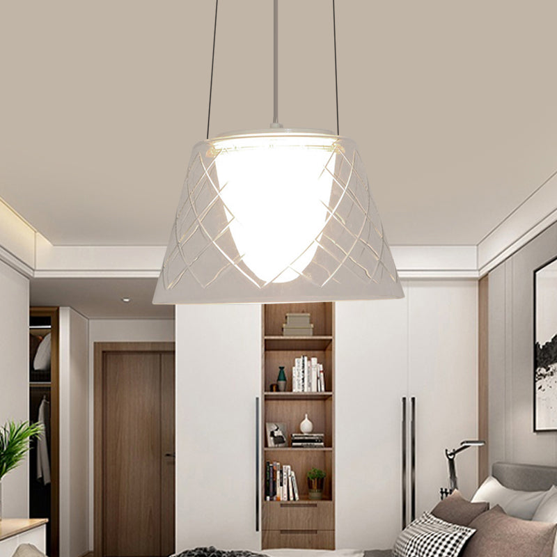 Tapered Clear Lattice Glass Chandelier Modernist 1 Light Chrome Hanging Light Fixture Clearhalo 'Ceiling Lights' 'Glass shade' 'Glass' 'Modern Pendants' 'Modern' 'Pendant Lights' 'Pendants' Lighting' 772079