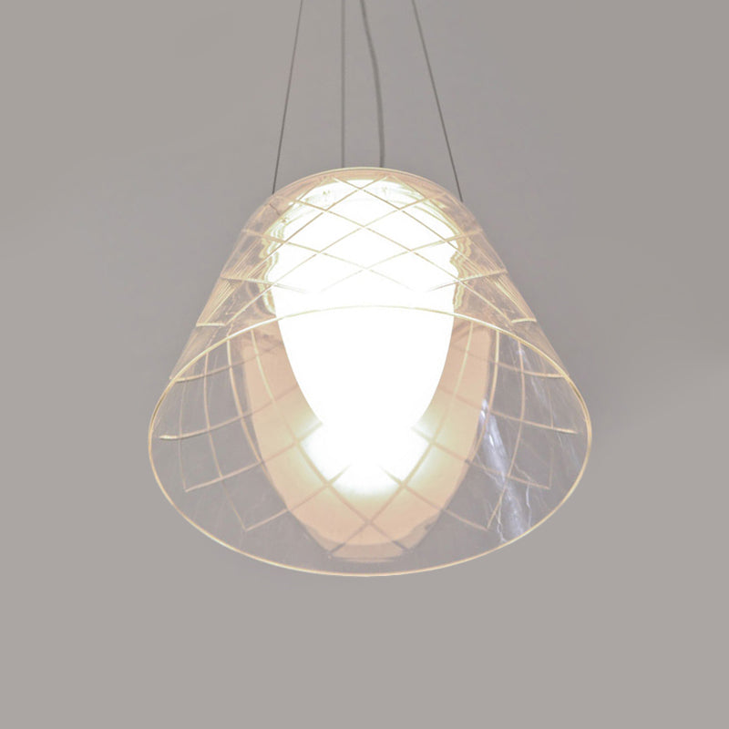 Tapered Clear Lattice Glass Chandelier Modernist 1 Light Chrome Hanging Light Fixture Clearhalo 'Ceiling Lights' 'Glass shade' 'Glass' 'Modern Pendants' 'Modern' 'Pendant Lights' 'Pendants' Lighting' 772081