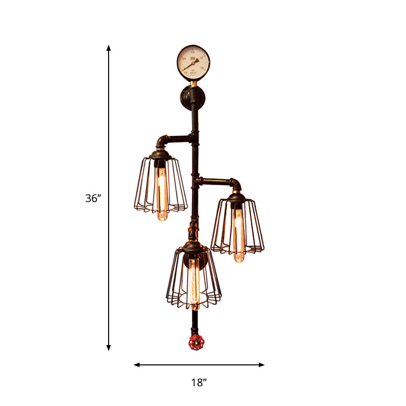 3 Lights Tapered Cage Wall Lamp with Pipe and Gauge Industrial Style Black Metal Wall Light Sconce for Restaurant Clearhalo 'Art deco wall lights' 'Cast Iron' 'Glass' 'Industrial wall lights' 'Industrial' 'Middle century wall lights' 'Modern' 'Rustic wall lights' 'Tiffany' 'Traditional wall lights' 'Wall Lamps & Sconces' 'Wall Lights' Lighting' 773147