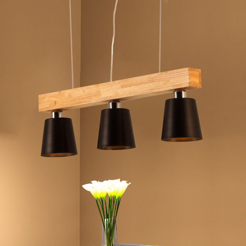 Tapered Indoor Hanging Ceiling Light Modern Metal 3 Heads Black/White Island Lighting with Wooden Beam Black Clearhalo 'Ceiling Lights' 'Island Lights' Lighting' 773153