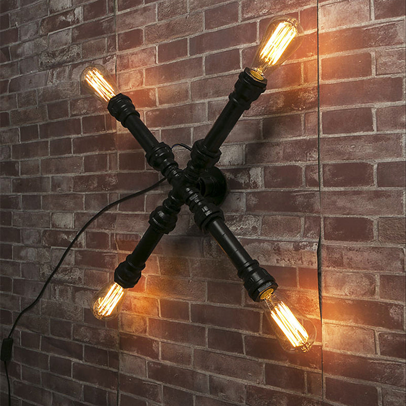 4 Bulbs X Shaped Wall Lighting with Water Pipe Industrial Black Finish Wrought Iron Sconce Lamp Black Clearhalo 'Art deco wall lights' 'Cast Iron' 'Glass' 'Industrial wall lights' 'Industrial' 'Middle century wall lights' 'Modern' 'Rustic wall lights' 'Tiffany' 'Traditional wall lights' 'Wall Lamps & Sconces' 'Wall Lights' Lighting' 773282