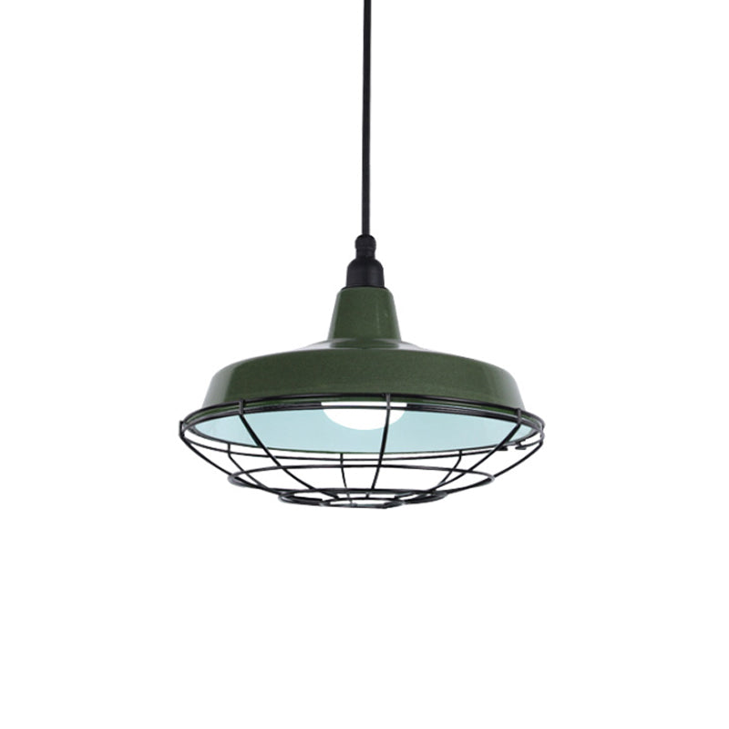 Barn Indoor Hanging Ceiling Light with Wire Guard Farmhouse Metal 1 Light Green/Red Pendant Light Clearhalo 'Art Deco Pendants' 'Cast Iron' 'Ceiling Lights' 'Ceramic' 'Crystal' 'Industrial Pendants' 'Industrial' 'Metal' 'Middle Century Pendants' 'Pendant Lights' 'Pendants' 'Tiffany' Lighting' 773329