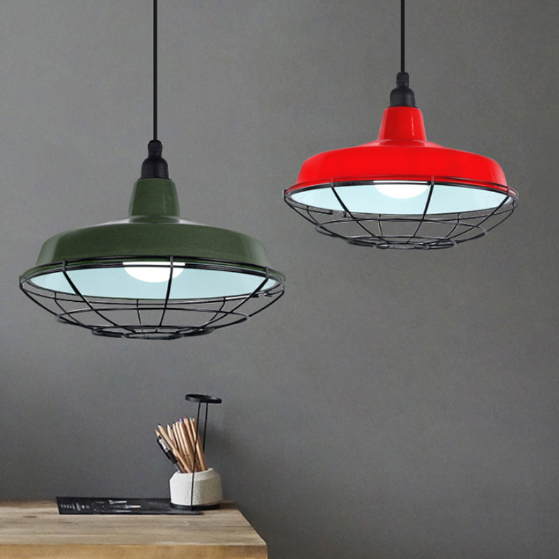 Barn Indoor Hanging Ceiling Light with Wire Guard Farmhouse Metal 1 Light Green/Red Pendant Light Clearhalo 'Art Deco Pendants' 'Cast Iron' 'Ceiling Lights' 'Ceramic' 'Crystal' 'Industrial Pendants' 'Industrial' 'Metal' 'Middle Century Pendants' 'Pendant Lights' 'Pendants' 'Tiffany' Lighting' 773331