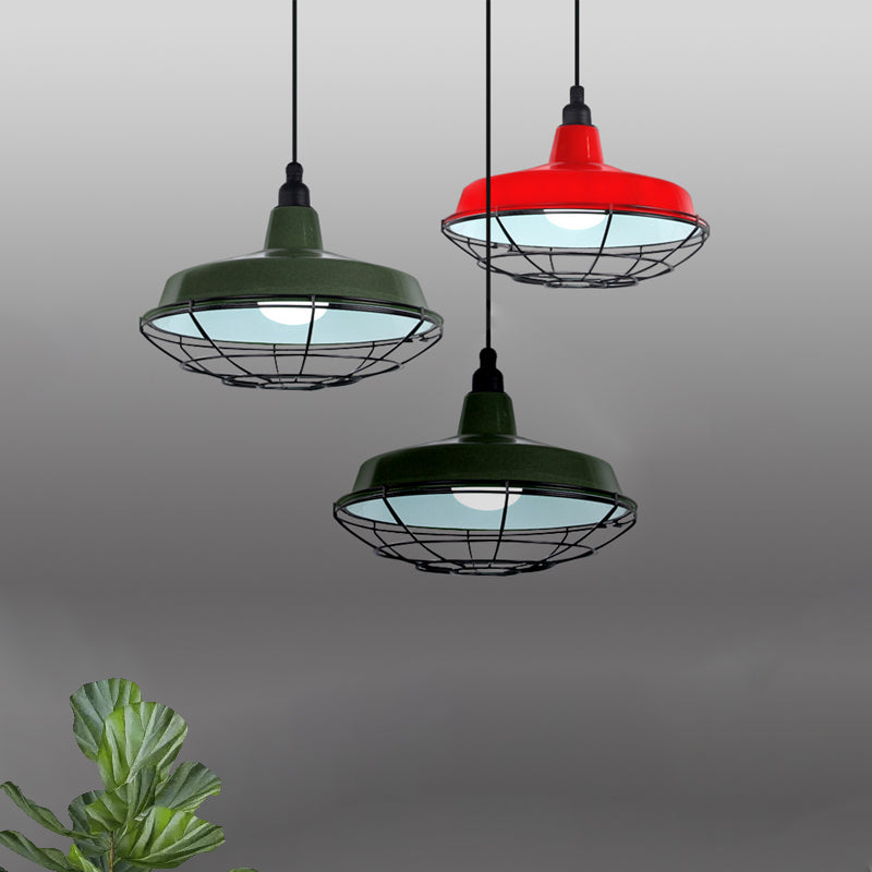 Barn Indoor Hanging Ceiling Light with Wire Guard Farmhouse Metal 1 Light Green/Red Pendant Light Clearhalo 'Art Deco Pendants' 'Cast Iron' 'Ceiling Lights' 'Ceramic' 'Crystal' 'Industrial Pendants' 'Industrial' 'Metal' 'Middle Century Pendants' 'Pendant Lights' 'Pendants' 'Tiffany' Lighting' 773332