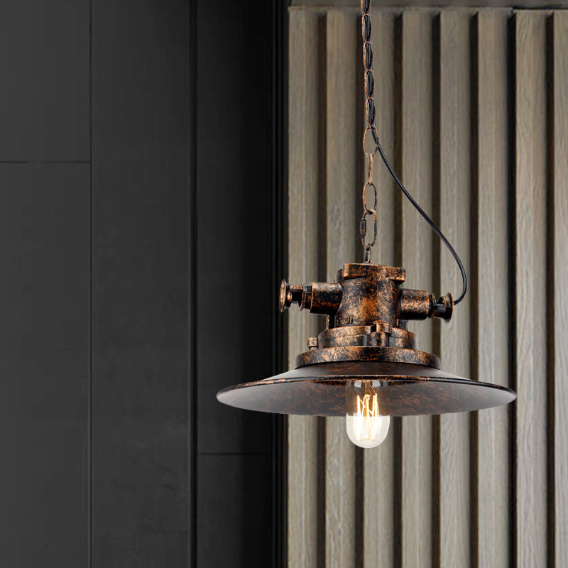 Flat Shade Wrought Iron Hanging Lamp Farmhouse 1 Light Restaurant Pendant Light in Antique Bronze Clearhalo 'Art Deco Pendants' 'Cast Iron' 'Ceiling Lights' 'Ceramic' 'Crystal' 'Industrial Pendants' 'Industrial' 'Metal' 'Middle Century Pendants' 'Pendant Lights' 'Pendants' 'Tiffany' Lighting' 773555