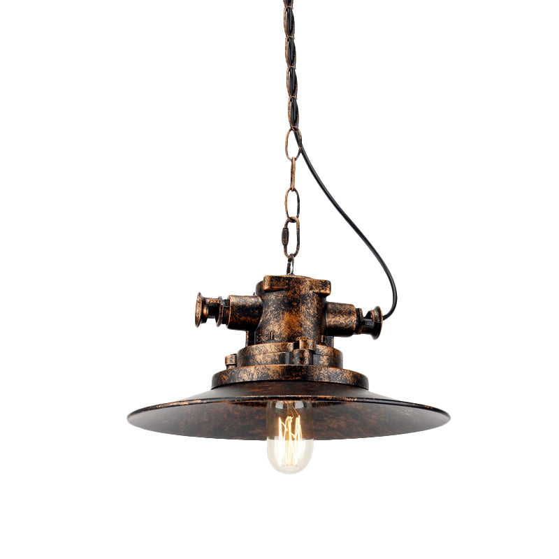 Flat Shade Wrought Iron Hanging Lamp Farmhouse 1 Light Restaurant Pendant Light in Antique Bronze Clearhalo 'Art Deco Pendants' 'Cast Iron' 'Ceiling Lights' 'Ceramic' 'Crystal' 'Industrial Pendants' 'Industrial' 'Metal' 'Middle Century Pendants' 'Pendant Lights' 'Pendants' 'Tiffany' Lighting' 773556