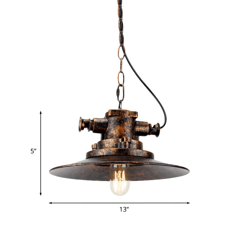 Flat Shade Wrought Iron Hanging Lamp Farmhouse 1 Light Restaurant Pendant Light in Antique Bronze Clearhalo 'Art Deco Pendants' 'Cast Iron' 'Ceiling Lights' 'Ceramic' 'Crystal' 'Industrial Pendants' 'Industrial' 'Metal' 'Middle Century Pendants' 'Pendant Lights' 'Pendants' 'Tiffany' Lighting' 773557