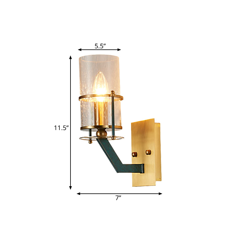 1 Bulb Wall Sconce Lighting Vintage Indoor Wall Mount Lamp Fixture with Cylinder Seeded Glass Shade in Brass Clearhalo 'Wall Lamps & Sconces' 'Wall Lights' Lighting' 780610