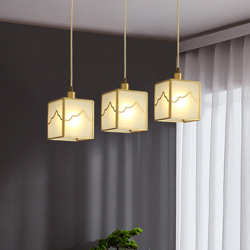 1-Light Cube Hanging Light Kit Minimalist Brass Finish Translucent Glass Suspension Lamp Clearhalo 'Ceiling Lights' 'Pendant Lights' 'Pendants' Lighting' 780711