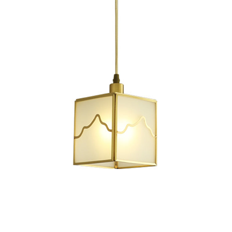 1-Light Cube Hanging Light Kit Minimalist Brass Finish Translucent Glass Suspension Lamp Clearhalo 'Ceiling Lights' 'Pendant Lights' 'Pendants' Lighting' 780713