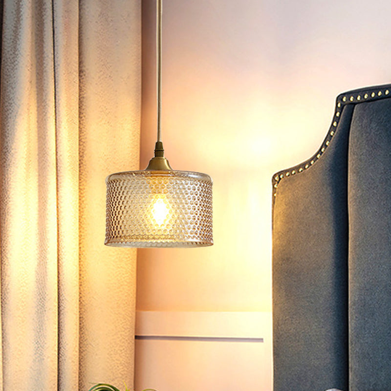 Small Drum Bedside Ceiling Pendant Light Simple Latticed Glass 1 Head Brass Pendulum Lamp Clearhalo 'Ceiling Lights' 'Pendant Lights' 'Pendants' Lighting' 780715