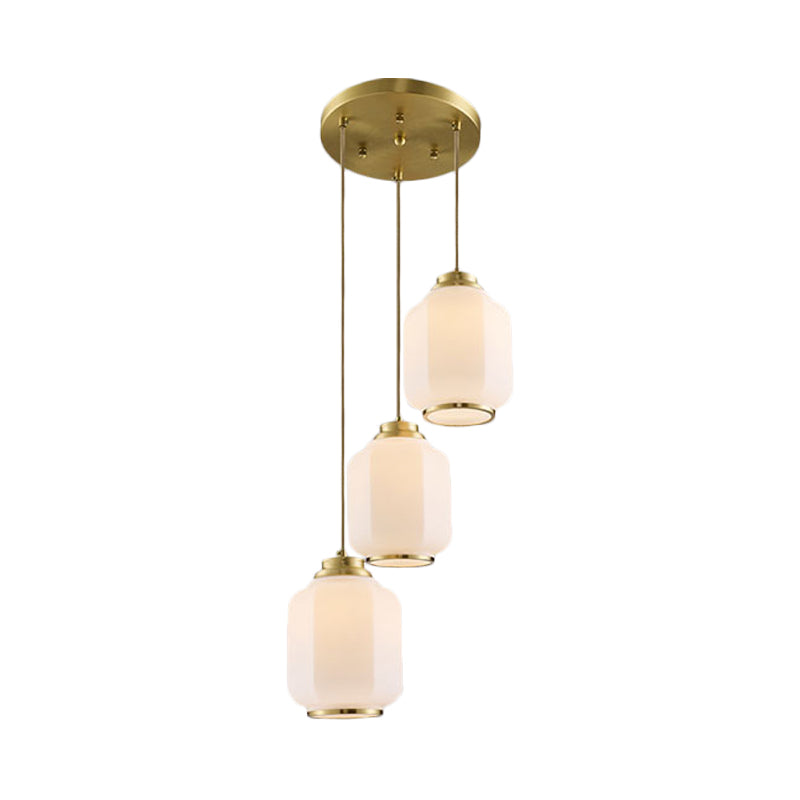 3-Light Multi Ceiling Light Traditional Lantern White Glass Pendant Lamp Fixture in Brass with Round Canopy Clearhalo 'Ceiling Lights' 'Pendant Lights' 'Pendants' Lighting' 780724