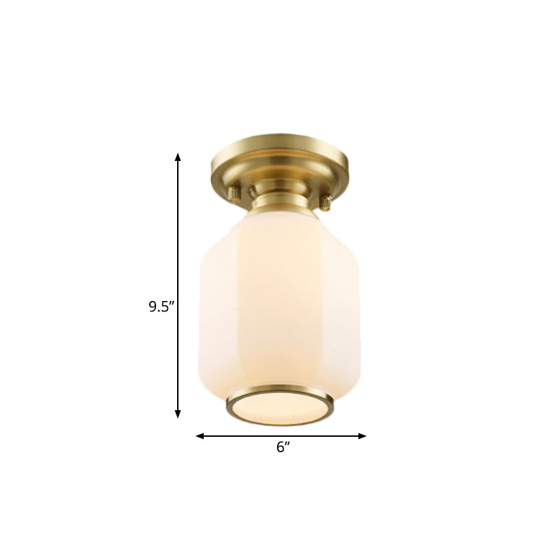 Traditional Lantern Flush Light Fixture 1-Bulb Opal Glass Flush Ceiling Lamp in Brass for Corridor Clearhalo 'Ceiling Lights' 'Close To Ceiling Lights' 'Close to ceiling' 'Flush mount' Lighting' 780734