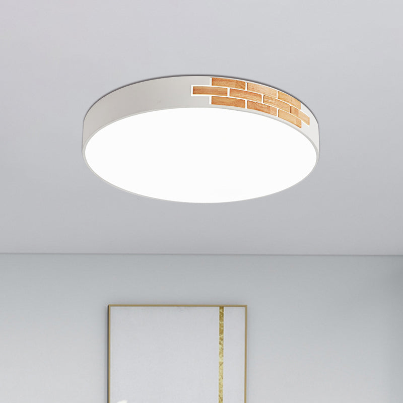 White and Wood Round Ceiling Mounted Light Minimalist LED Metal Flush Lamp Fixture, 16