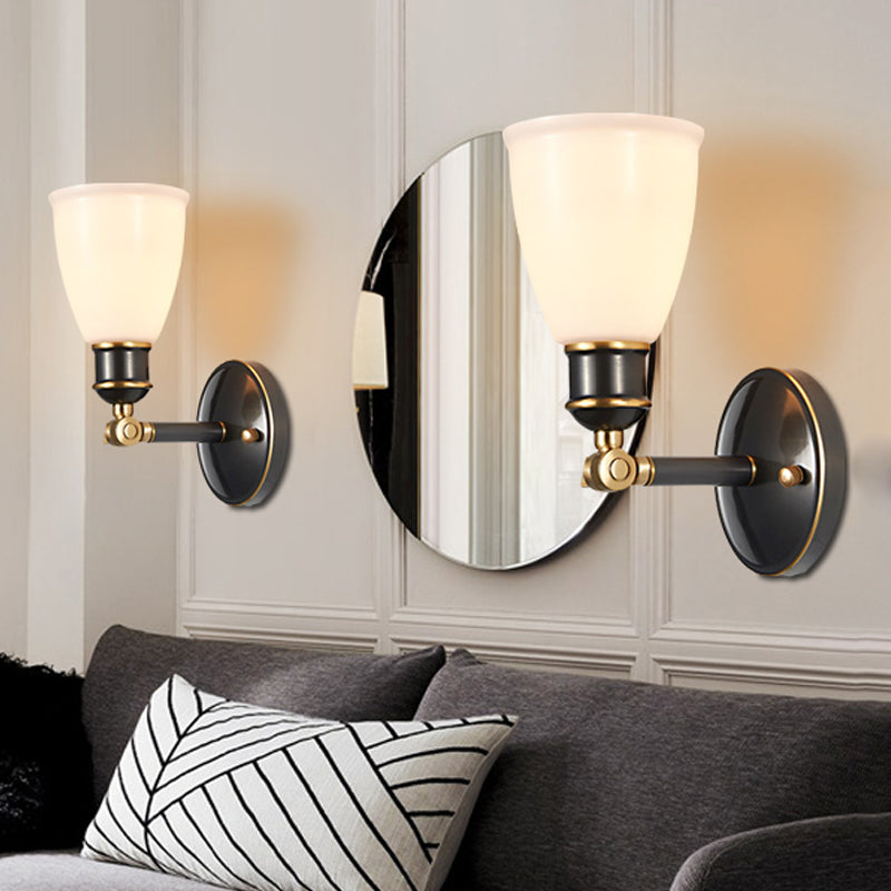 Tapered White Glass Wall Lighting Fixture Rural 1 Light Bedroom Wall Hanging Light in Brass Brass Clearhalo 'Wall Lamps & Sconces' 'Wall Lights' Lighting' 781108