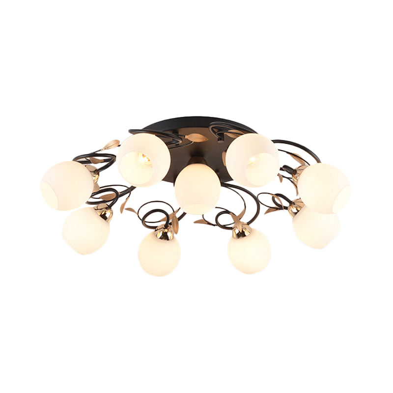 Globe White Glass Semi Flush Light Traditional 4/6/9 Lights Living Room Ceiling Mounted Fixture in Black Clearhalo 'Ceiling Lights' 'Close To Ceiling Lights' 'Close to ceiling' 'Semi-flushmount' Lighting' 781188