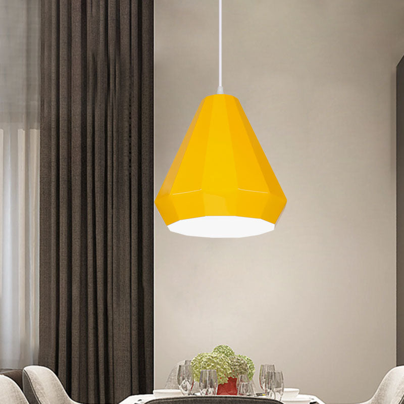 1-Light Restaurant Hanging Lamp Macaron Yellow/Blue/Green Pendant Light Kit with Pot-Lid/Diamond/Tapered Iron Shade Clearhalo 'Ceiling Lights' 'Pendant Lights' 'Pendants' Lighting' 781633