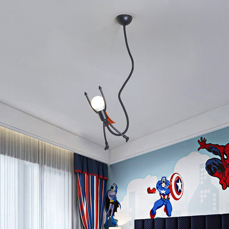 Super Hero Mini Suspension Pendant Light Cartoon Iron Single Kids Bedroom Hanging Lamp in Black with Exposed Bulb Design Clearhalo 'Ceiling Lights' 'Pendant Lights' 'Pendants' Lighting' 781683