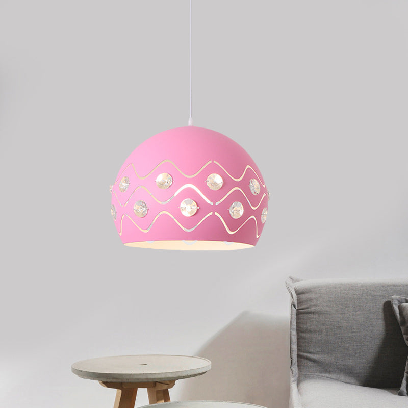 Cutouts Dome Shade Drop Pendant Macaron Iron 1-Light Pink/Blue/Green Suspension Lamp with Embedded Crystal Decor Clearhalo 'Ceiling Lights' 'Pendant Lights' 'Pendants' Lighting' 781699