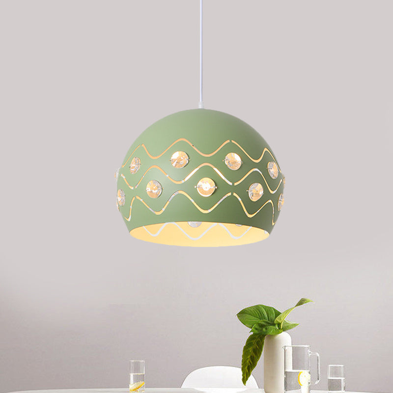 Cutouts Dome Shade Drop Pendant Macaron Iron 1-Light Pink/Blue/Green Suspension Lamp with Embedded Crystal Decor Clearhalo 'Ceiling Lights' 'Pendant Lights' 'Pendants' Lighting' 781702