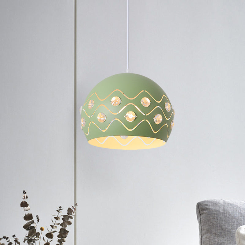 Cutouts Dome Shade Drop Pendant Macaron Iron 1-Light Pink/Blue/Green Suspension Lamp with Embedded Crystal Decor Clearhalo 'Ceiling Lights' 'Pendant Lights' 'Pendants' Lighting' 781704