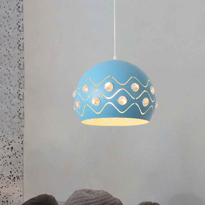 Cutouts Dome Shade Drop Pendant Macaron Iron 1-Light Pink/Blue/Green Suspension Lamp with Embedded Crystal Decor Clearhalo 'Ceiling Lights' 'Pendant Lights' 'Pendants' Lighting' 781708