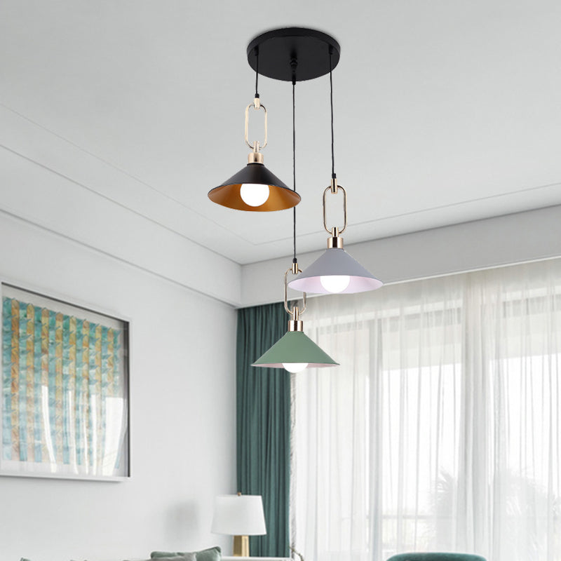 Colorful Flare Multi Light Pendant Macaron 3 Bulbs Iron Hanging Lamp with Black Round/Linear Canopy Clearhalo 'Ceiling Lights' 'Pendant Lights' 'Pendants' Lighting' 781718