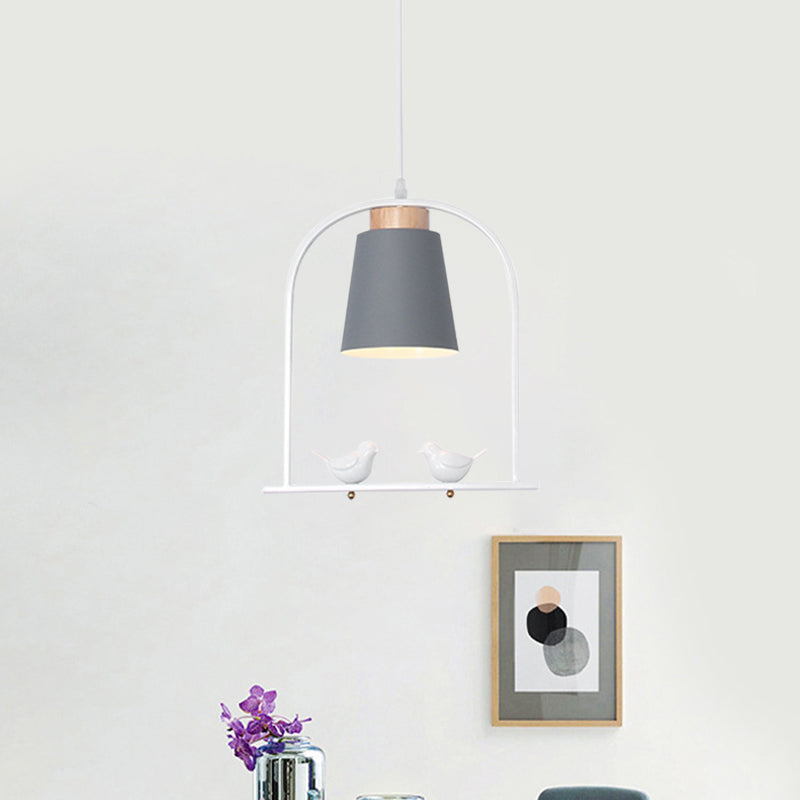 Iron Bucket Pendulum Light Macaron 1 Head Grey/Yellow/Pink Hanging Lamp Kit with Arch Frame and Bird Decor Clearhalo 'Ceiling Lights' 'Pendant Lights' 'Pendants' Lighting' 781779