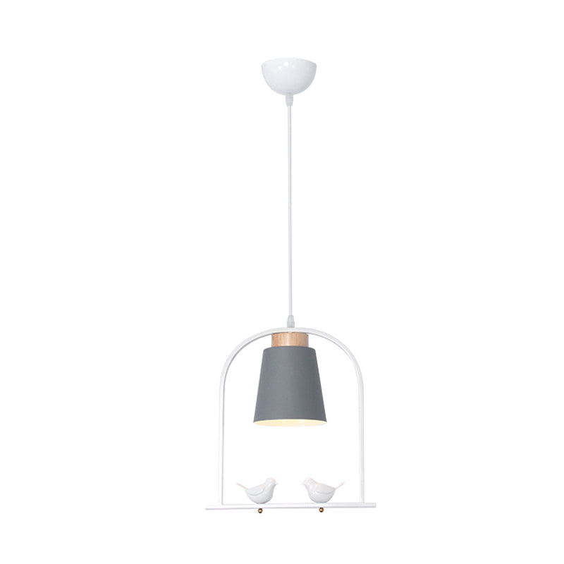 Iron Bucket Pendulum Light Macaron 1 Head Grey/Yellow/Pink Hanging Lamp Kit with Arch Frame and Bird Decor Clearhalo 'Ceiling Lights' 'Pendant Lights' 'Pendants' Lighting' 781780