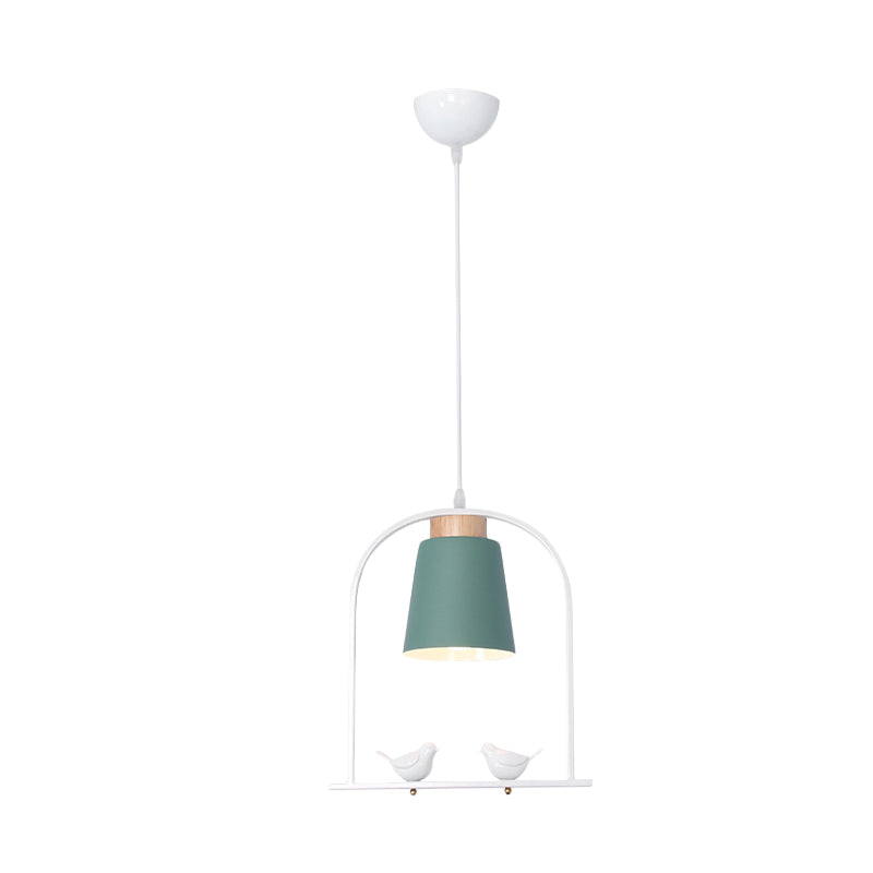 Iron Bucket Pendulum Light Macaron 1 Head Grey/Yellow/Pink Hanging Lamp Kit with Arch Frame and Bird Decor Clearhalo 'Ceiling Lights' 'Pendant Lights' 'Pendants' Lighting' 781796