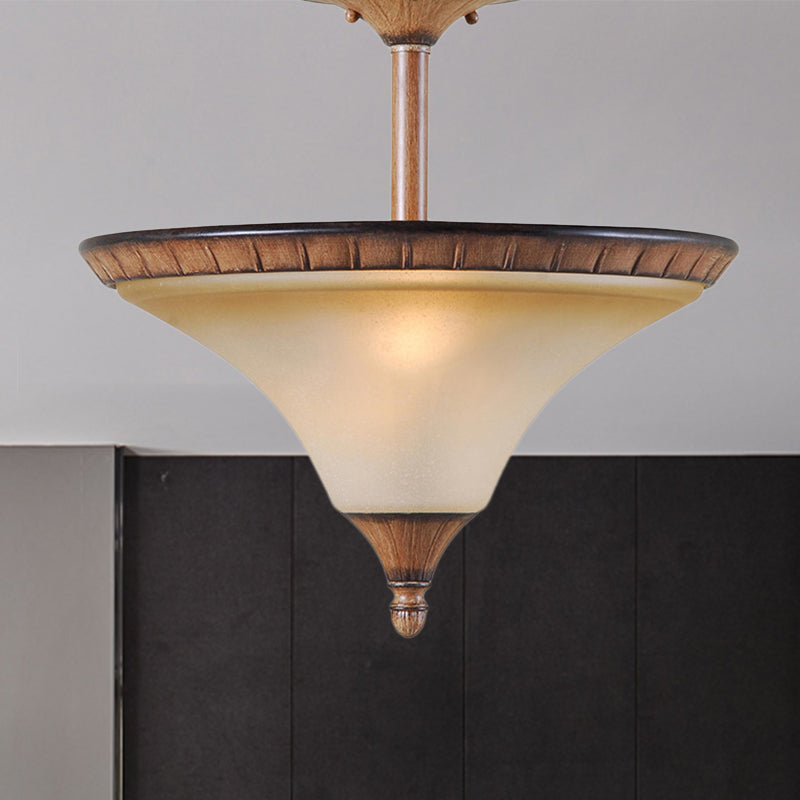 Farmhouse Cone Semi Flush Lighting 2-Head Tan Glass Flush Ceiling Lamp Fixture in Wood Clearhalo 'Ceiling Lights' 'Close To Ceiling Lights' 'Close to ceiling' 'Semi-flushmount' Lighting' 781837