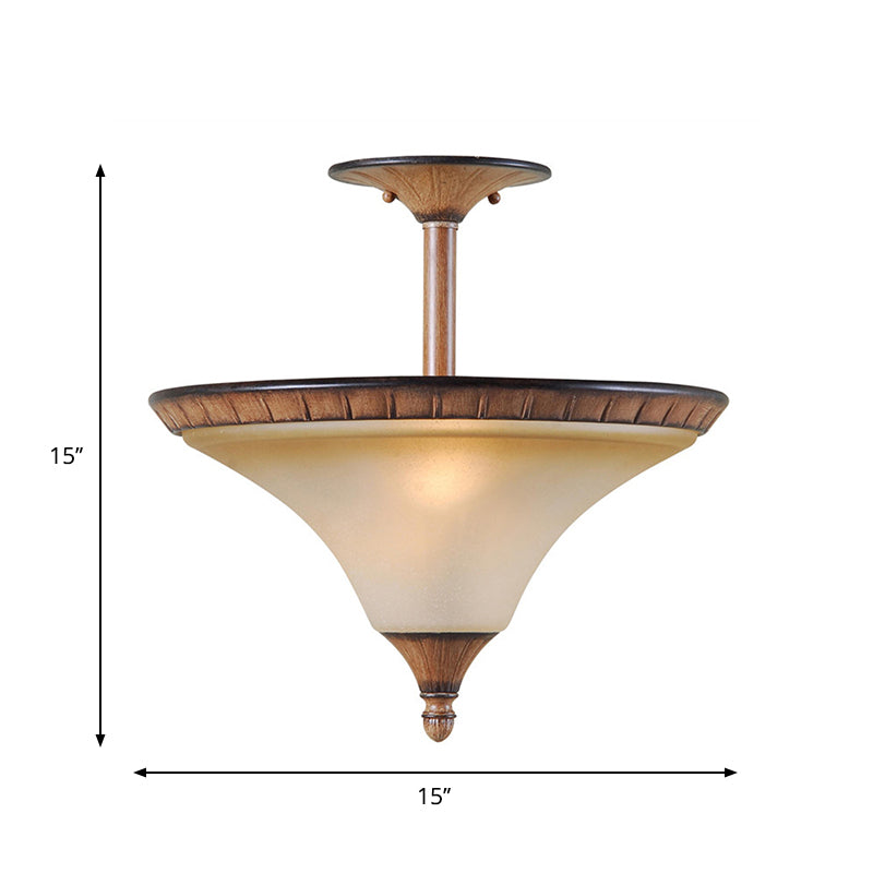 Farmhouse Cone Semi Flush Lighting 2-Head Tan Glass Flush Ceiling Lamp Fixture in Wood Clearhalo 'Ceiling Lights' 'Close To Ceiling Lights' 'Close to ceiling' 'Semi-flushmount' Lighting' 781839